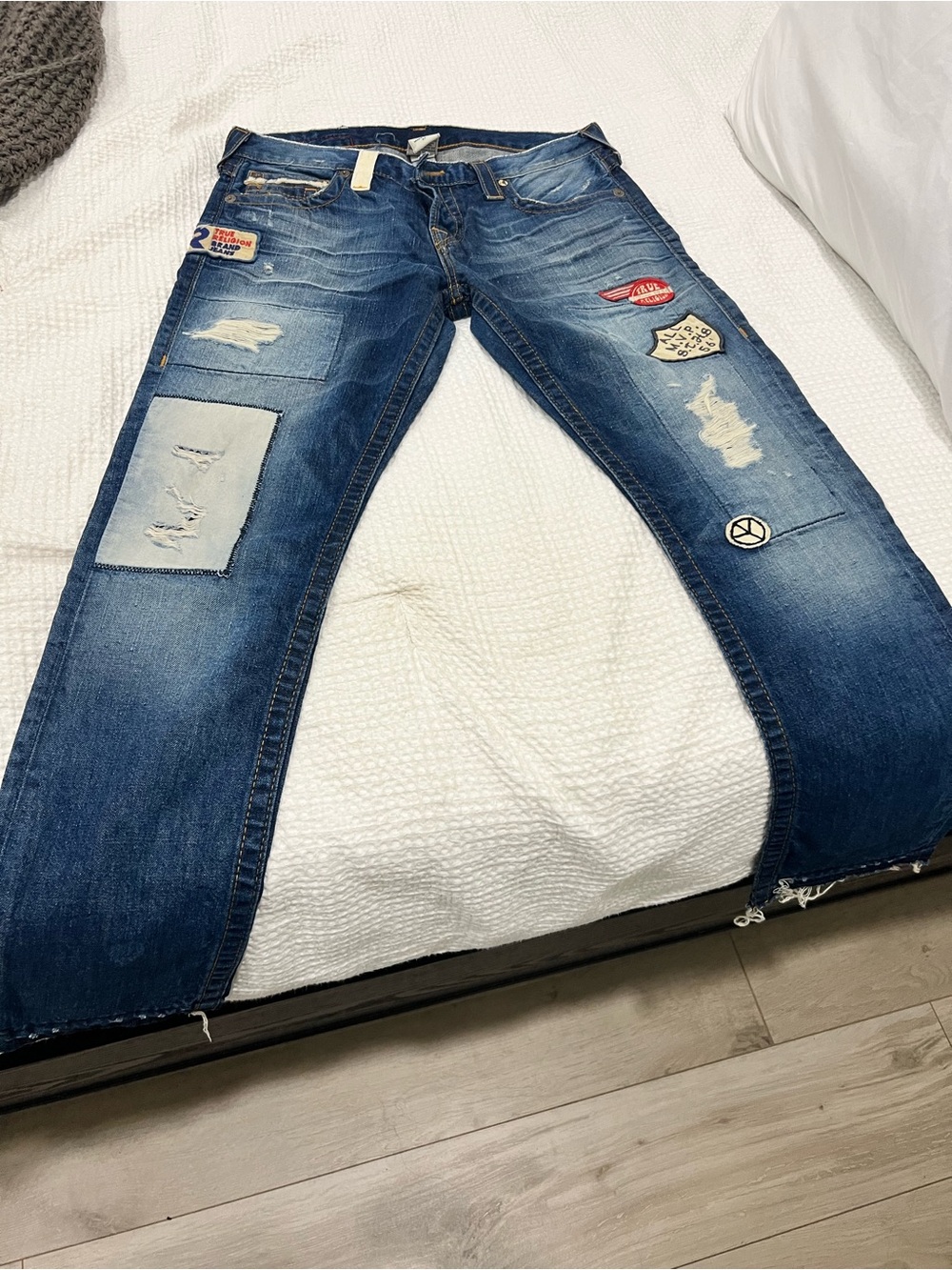 True Religion Distressed Blue Straight Leg Jeans with Patchwork